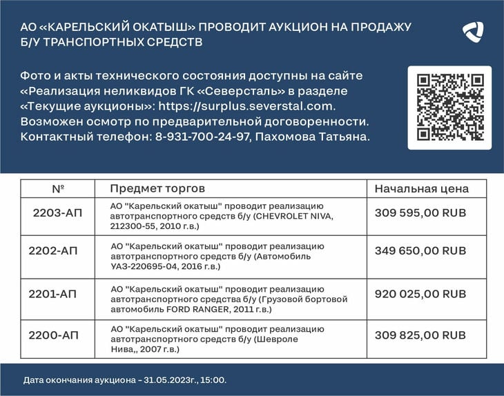 Карельский окатыш» проводит аукцион по продаже б/у транспортных средств |  05.05.2023 | Новости Костомукши - БезФормата